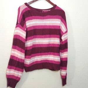 USED LIGHTWEIGHT SWEATER CUT OUT BACK NO SIZE PURPLE FUCHSIA BABY PINK AND WHITE